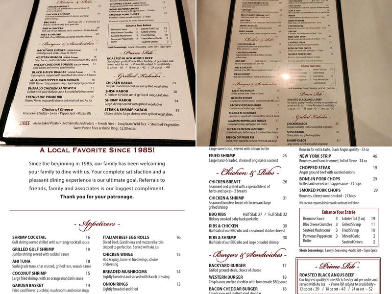 The Backyard Steak Pit Menu