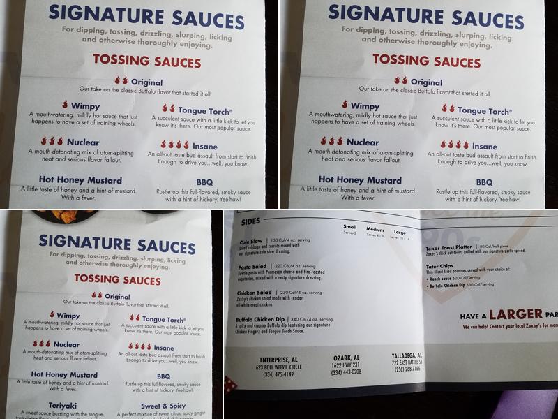 Zaxbys Chicken Fingers & Buffalo Wings Menu