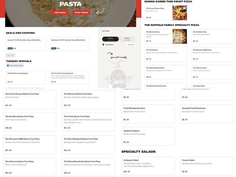 Nonno Carms Pizza and Pasta Menu