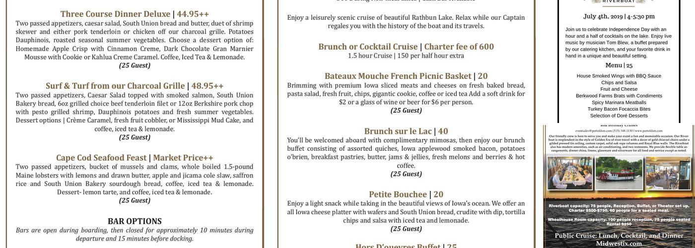 J. A. White Riverboat Menu