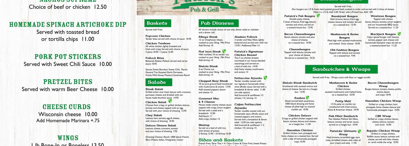 Patrick's Pub & Grill Menu