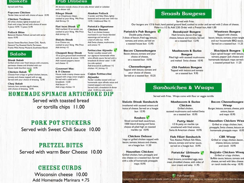 Patrick's Pub & Grill Menu