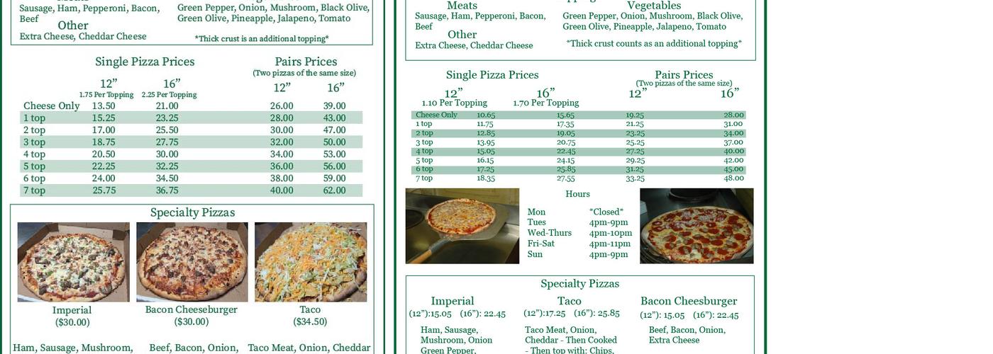 Pegasus Pizza Menu
