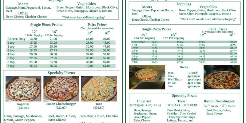 Pegasus Pizza Menu