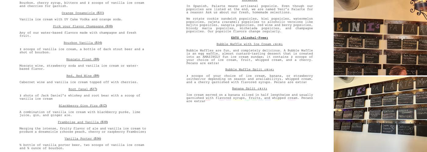 Yeni's Palarte Mexican Ice Cream Menu