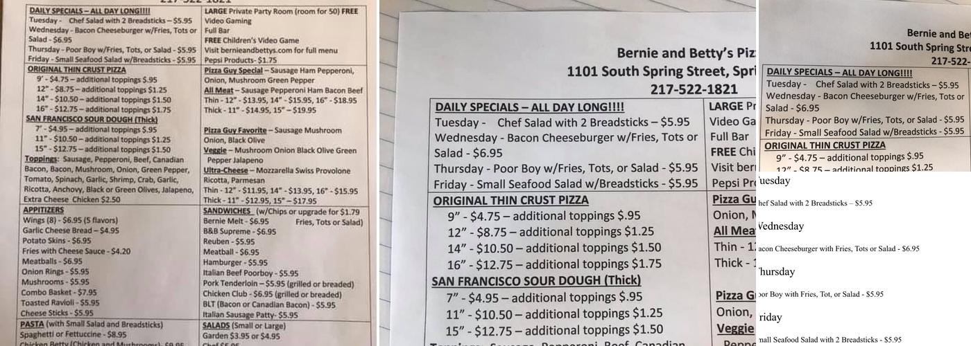 Bernie & Betty's Pizza Menu