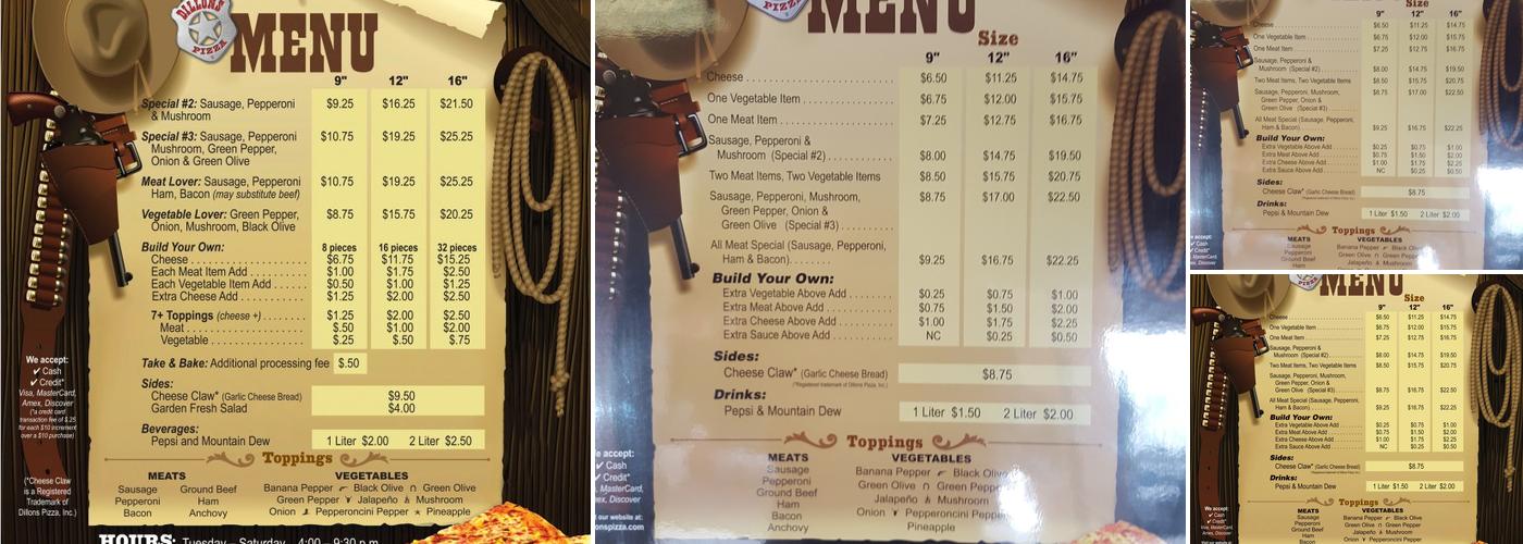 Dillon's Pizza Menu
