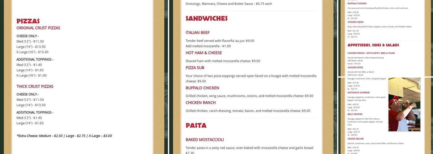 Antonio's Pizza Menu