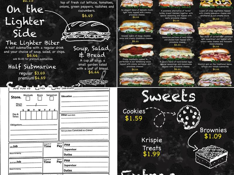 Monty's Submarines Sandwiches Menu