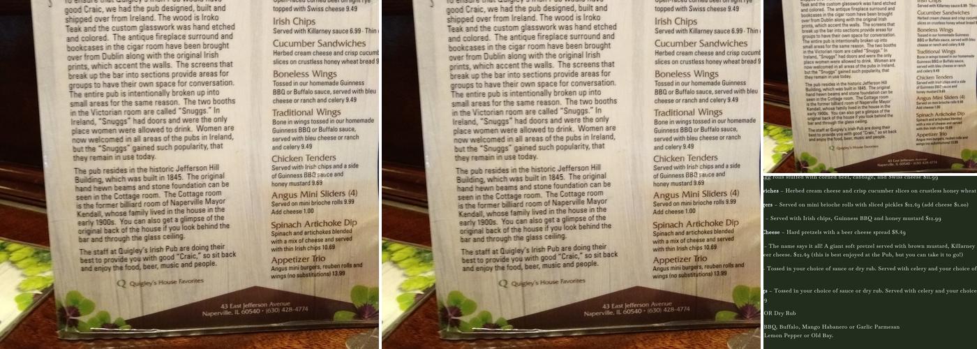 Quigley's Irish Pub Menu