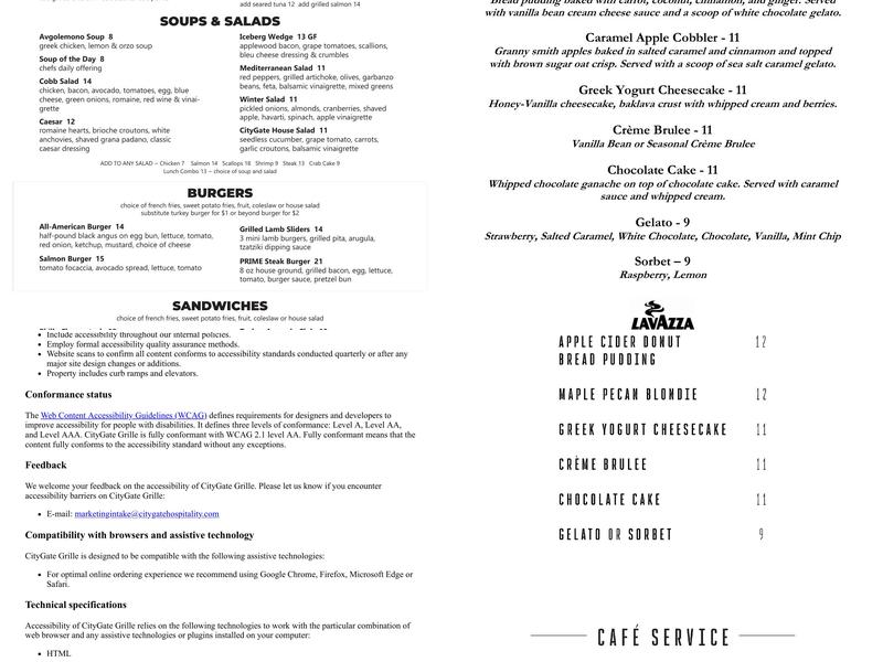 CityGate Grille Menu