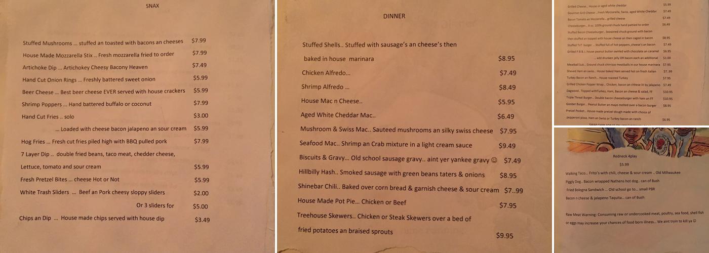 Tree House Bar And Grill Menu