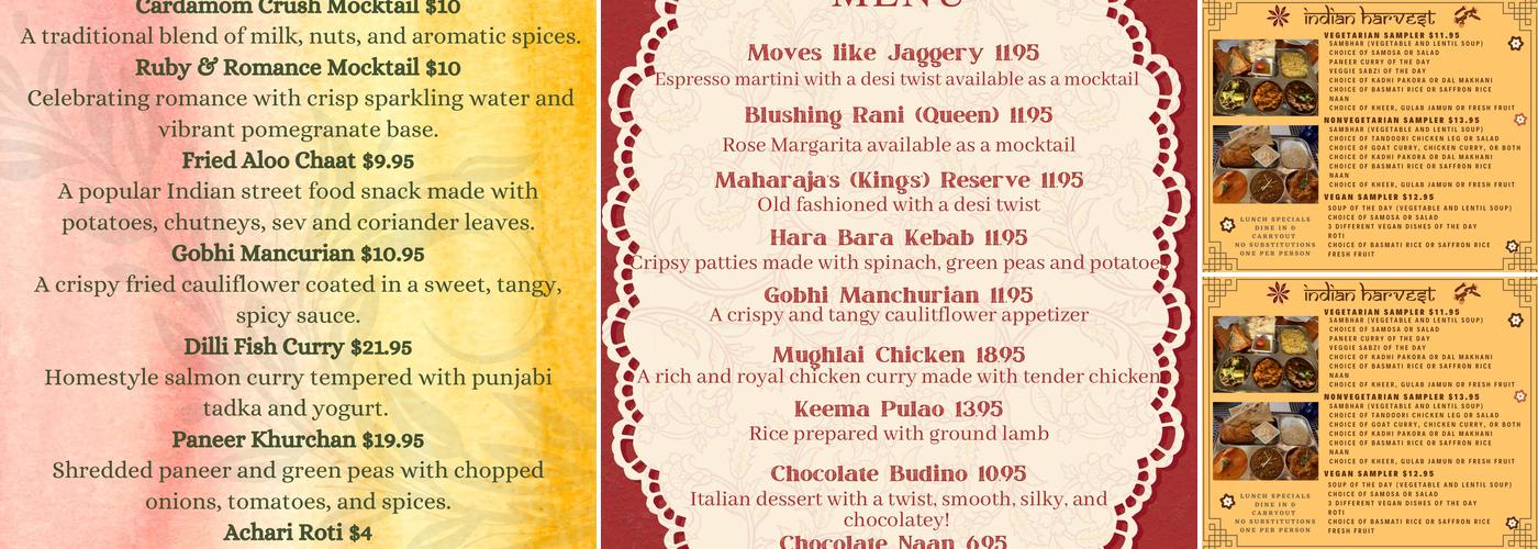 Indian Harvest Menu