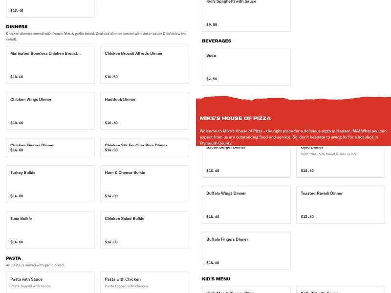 Mike's House of Pizza Menu