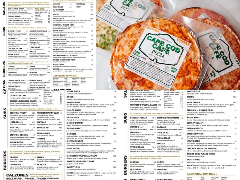 Cape Cod Cafe Pizza Menu