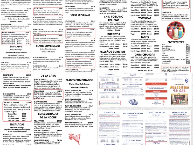 La Paloma Mexican Restaurant Menu