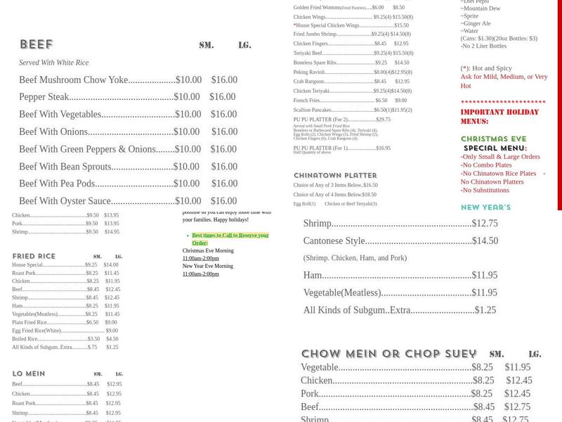 Chinatown Restaurant Menu