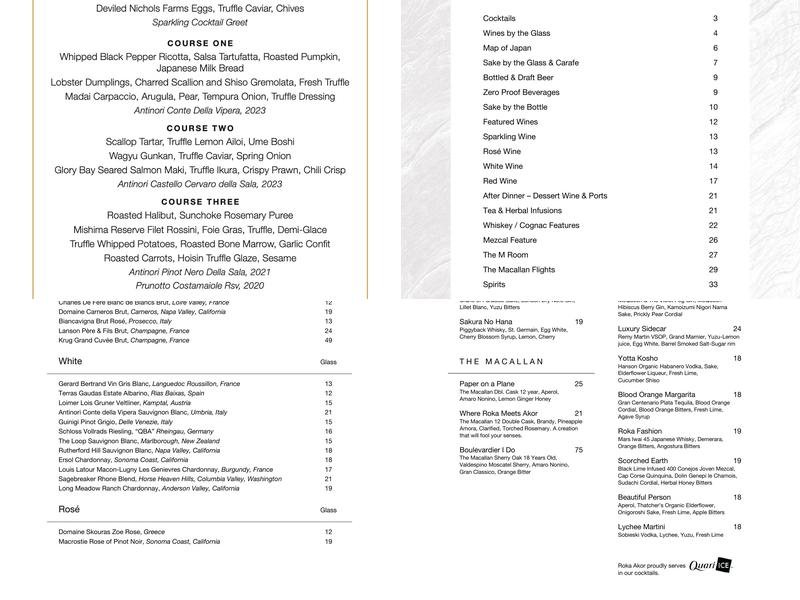 Roka Akor - Chicago Menu