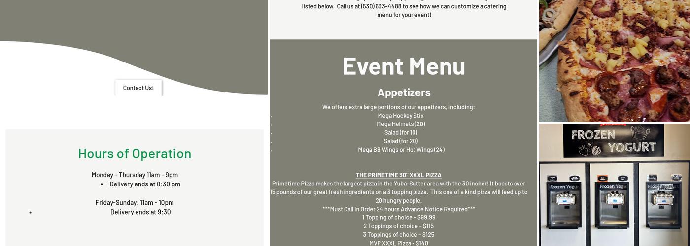 Primetime Pizza Menu