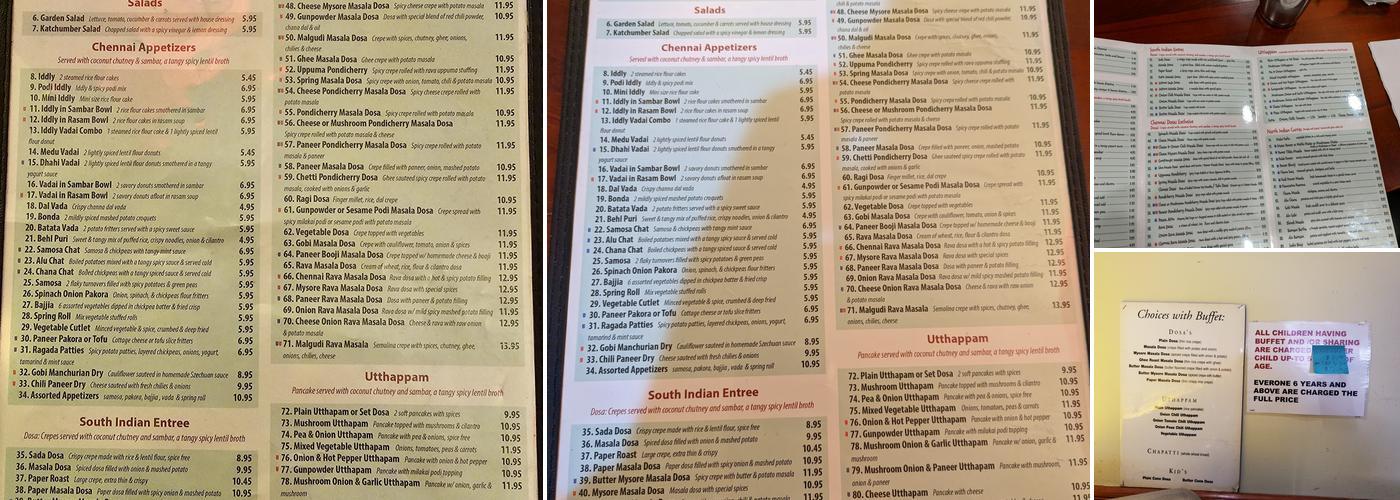 Chennai Dosas Menu