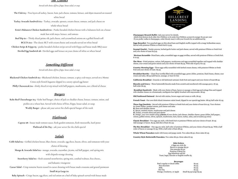 Hillcrest Landing Menu
