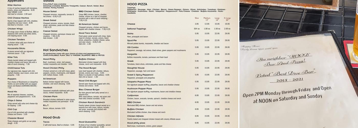 The Hood Bar and Pizzeria Menu