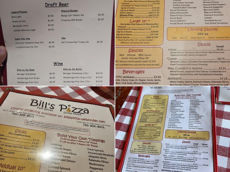 Bill's Pizza Menu