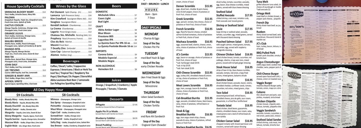 JC’s Cafe Menu