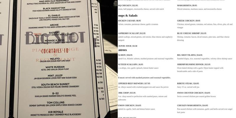 Big Shot Piano Lounge & Restaurant Menu