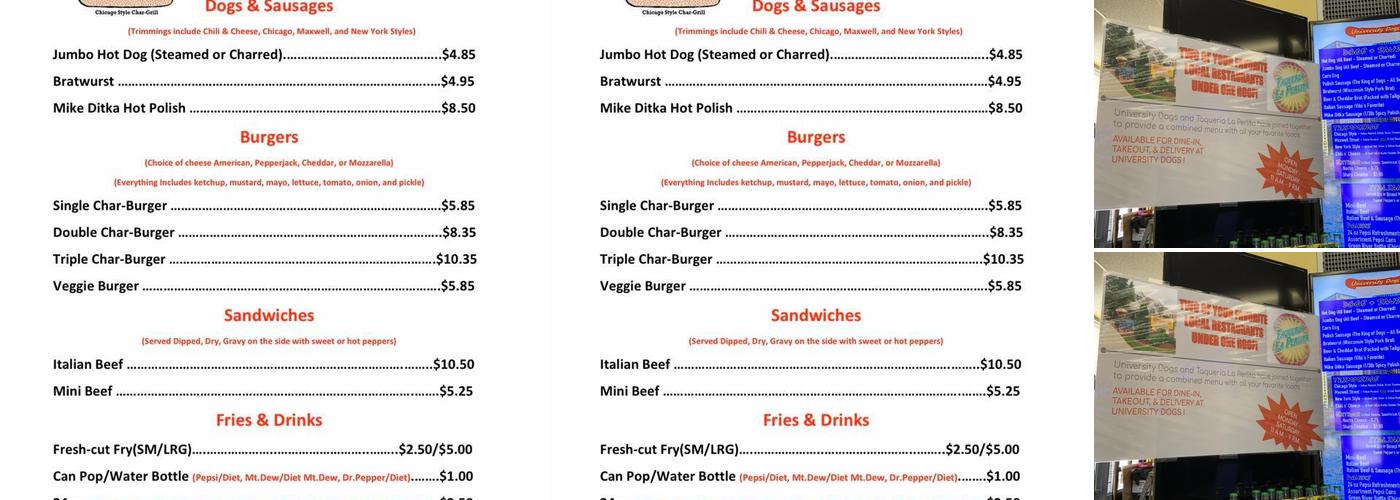 University Dogs Menu