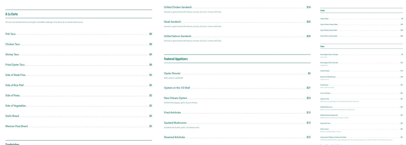 Ruben and Ozzy's Oyster Bar & Grill Menu