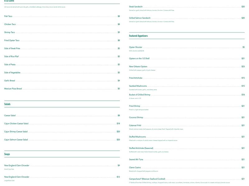 Ruben and Ozzy's Oyster Bar & Grill Menu