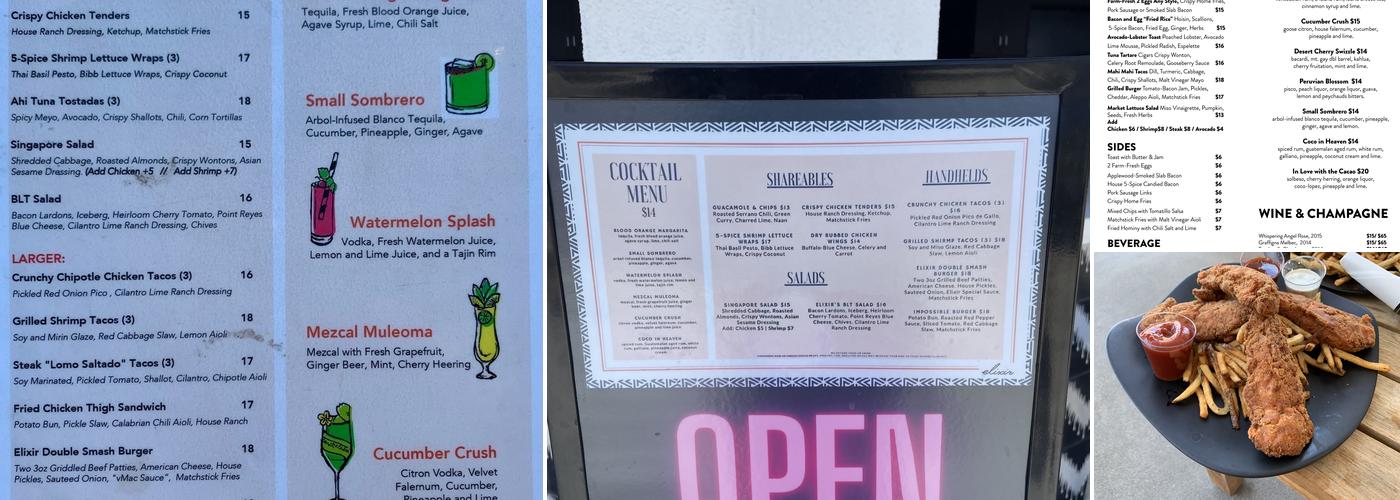 Elixir Pool Bar & Grill Menu