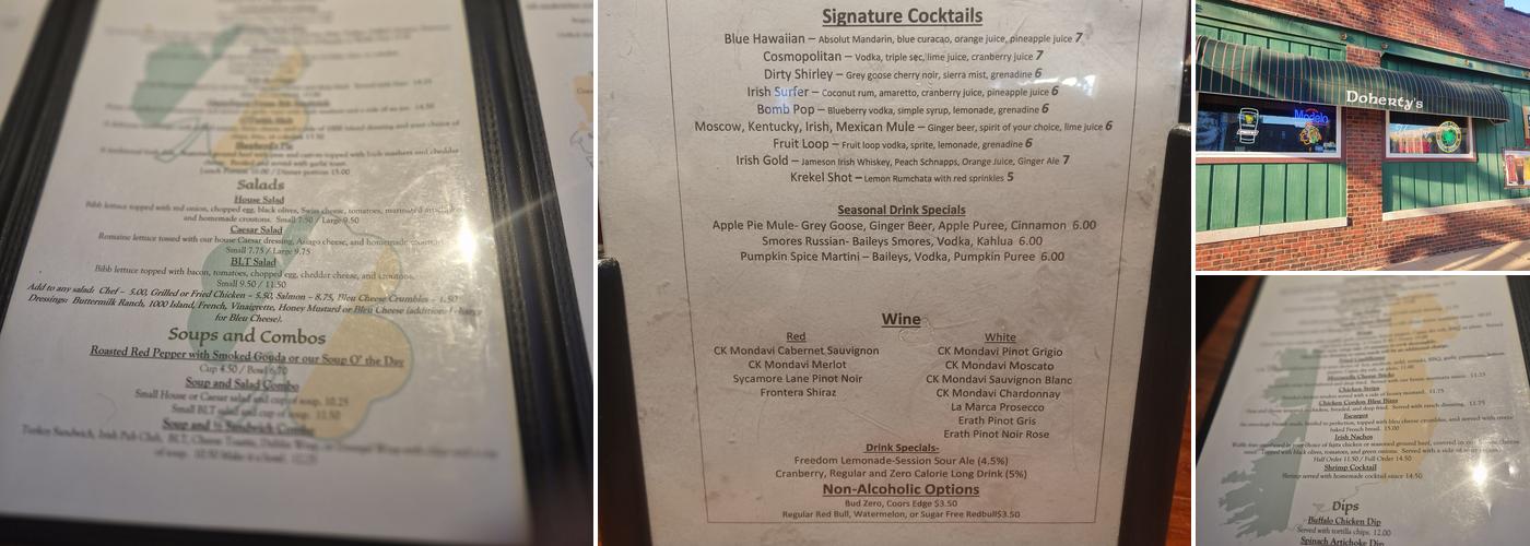 Doherty's Pub & Pins Menu