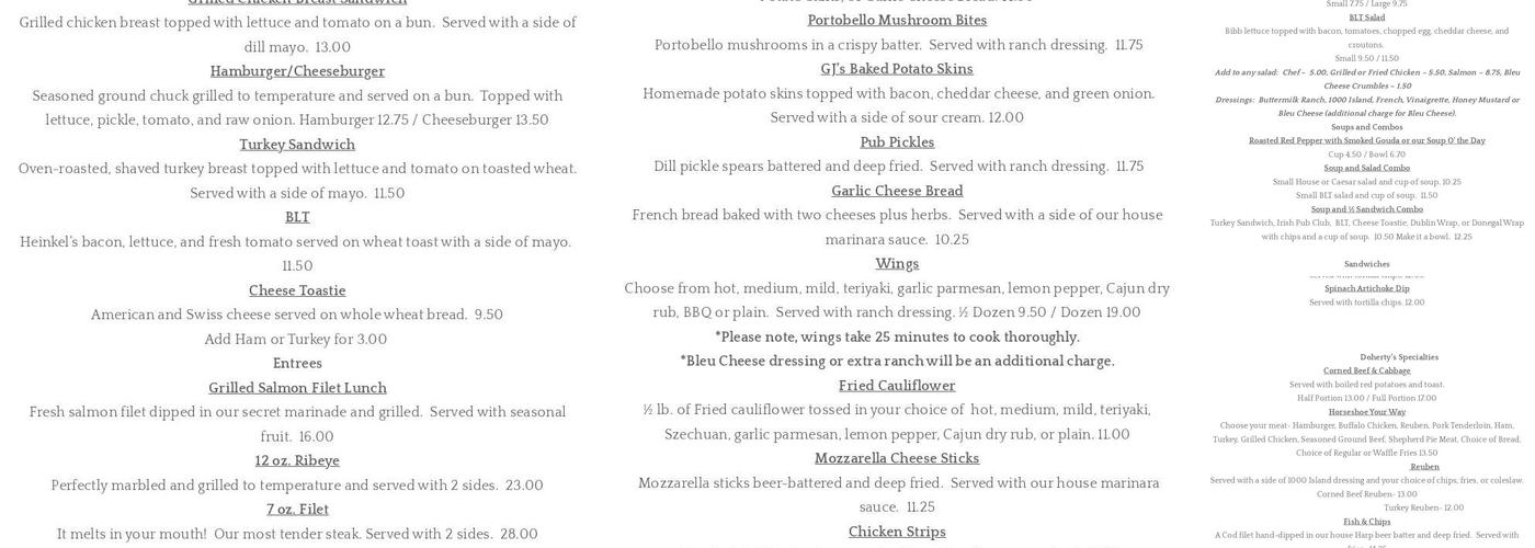 Doherty's Pub & Pins Menu