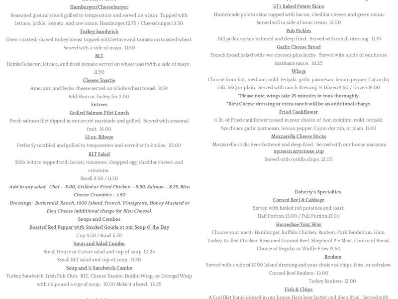 Doherty's Pub & Pins Menu