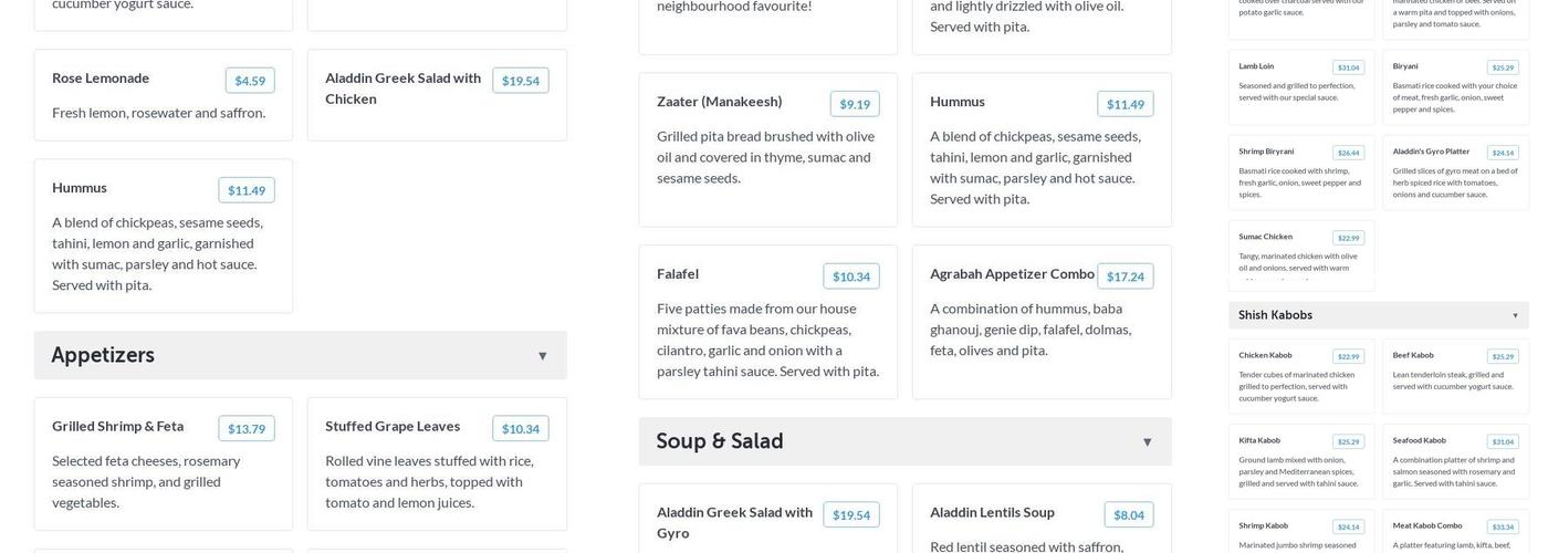 Aladdin Cafe Menu