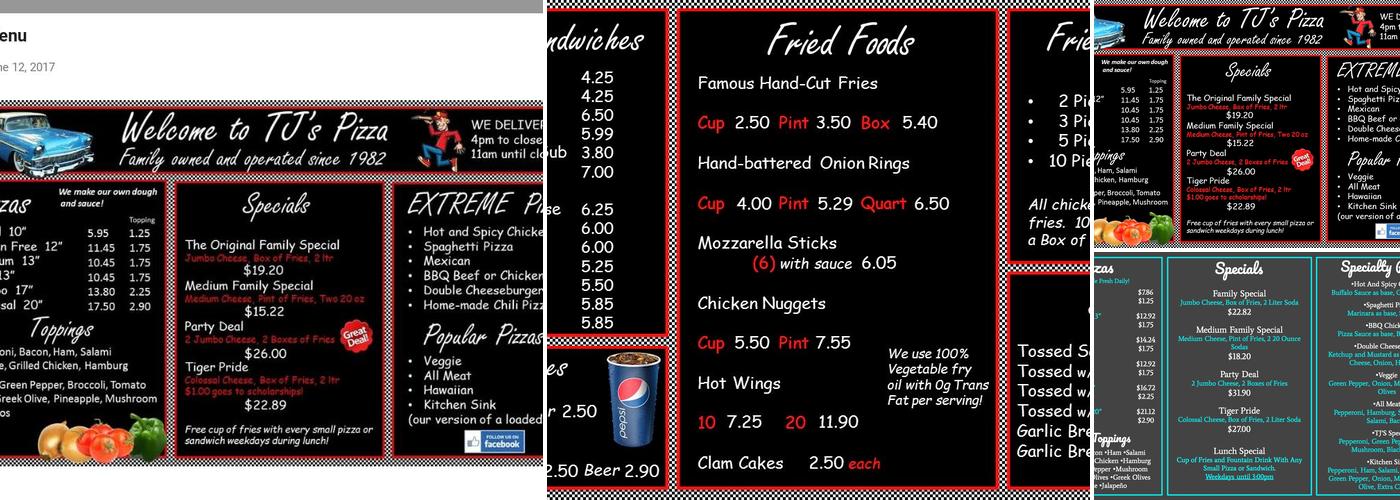 T J's Pizza Menu