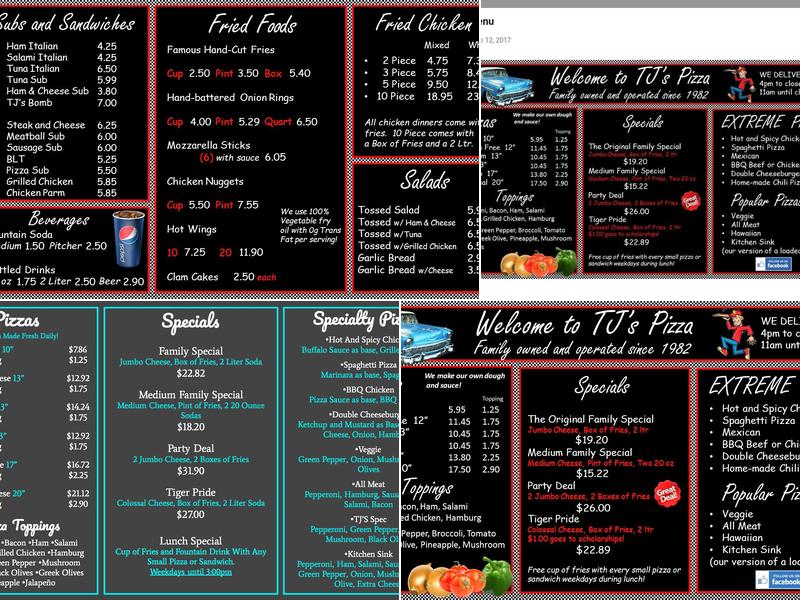 T J's Pizza Menu