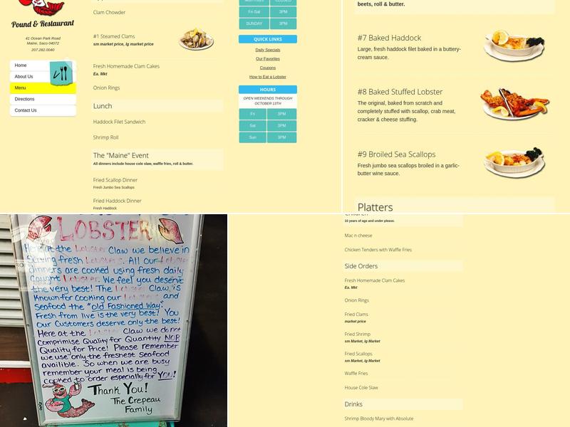 The Lobster Claw Pound & Restaurant Menu