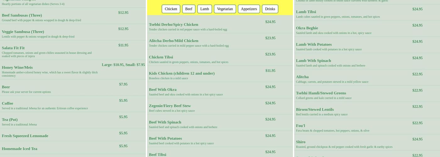 Asmara Restaurant Menu