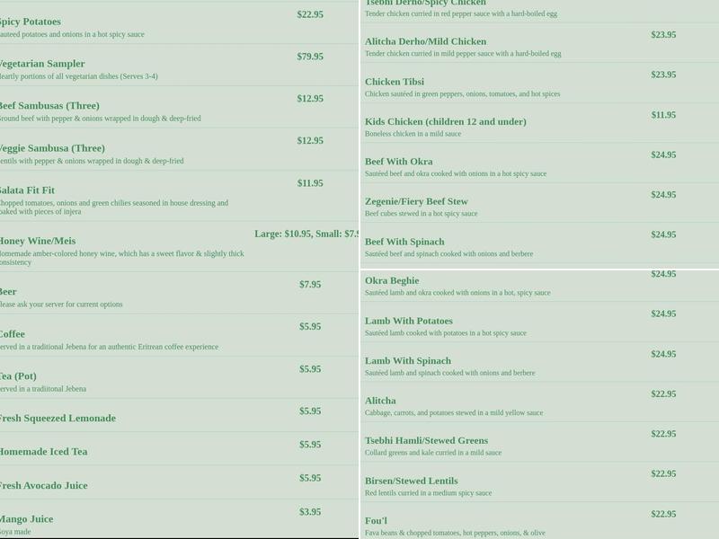 Asmara Restaurant Menu
