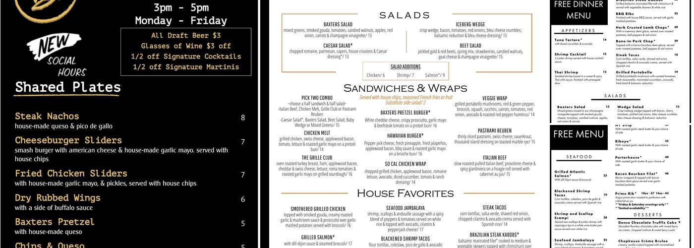 Baxters American Grille Menu