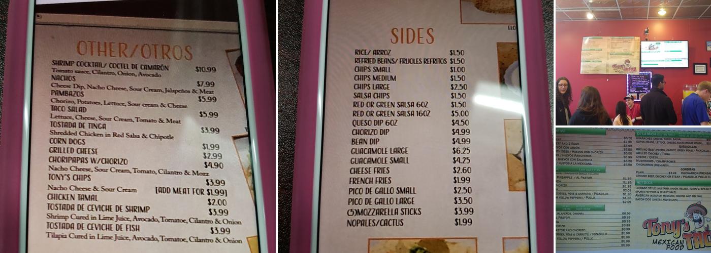 Tony's Tacos Menu