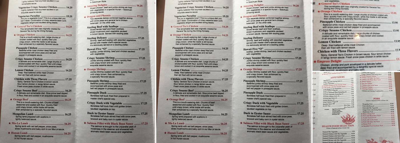 Imperial China Chinese Restaurant Menu