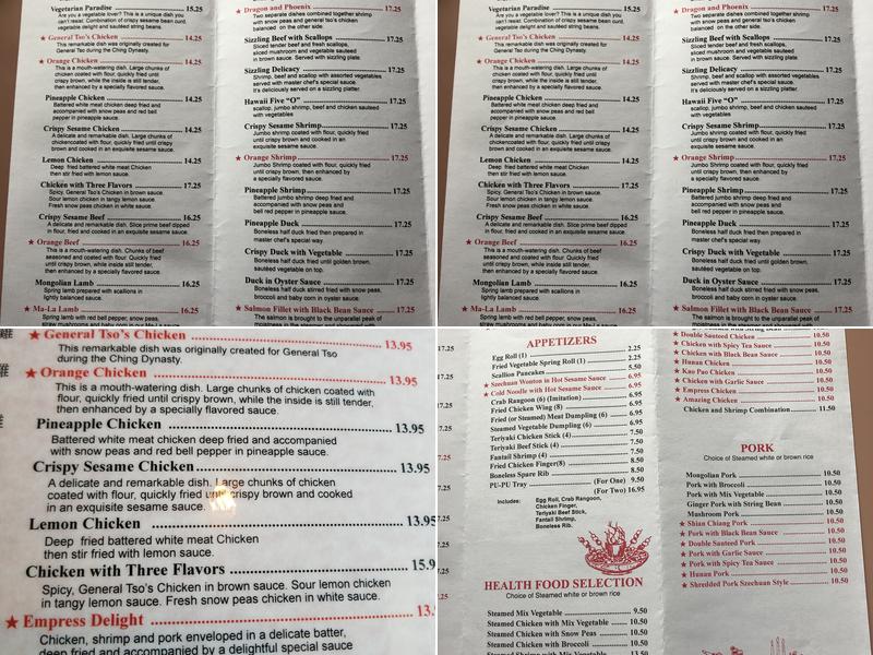 Imperial China Chinese Restaurant Menu