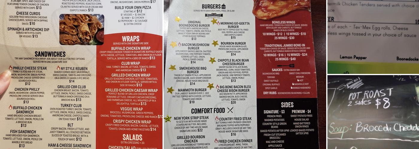 Boonedocks Pub and Grub Menu
