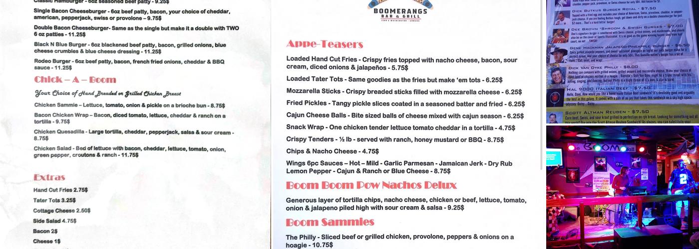 Boomerangs Bar & Grill Menu
