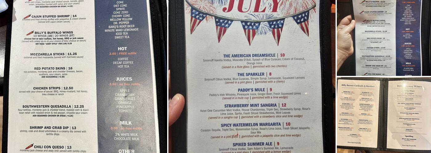 Billy Barooz Pub & Grill Menu