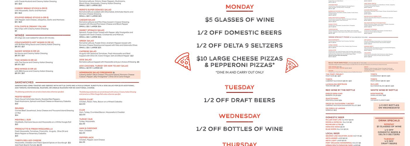 Theo's Neighborhood Pizza, Elmwood Menu